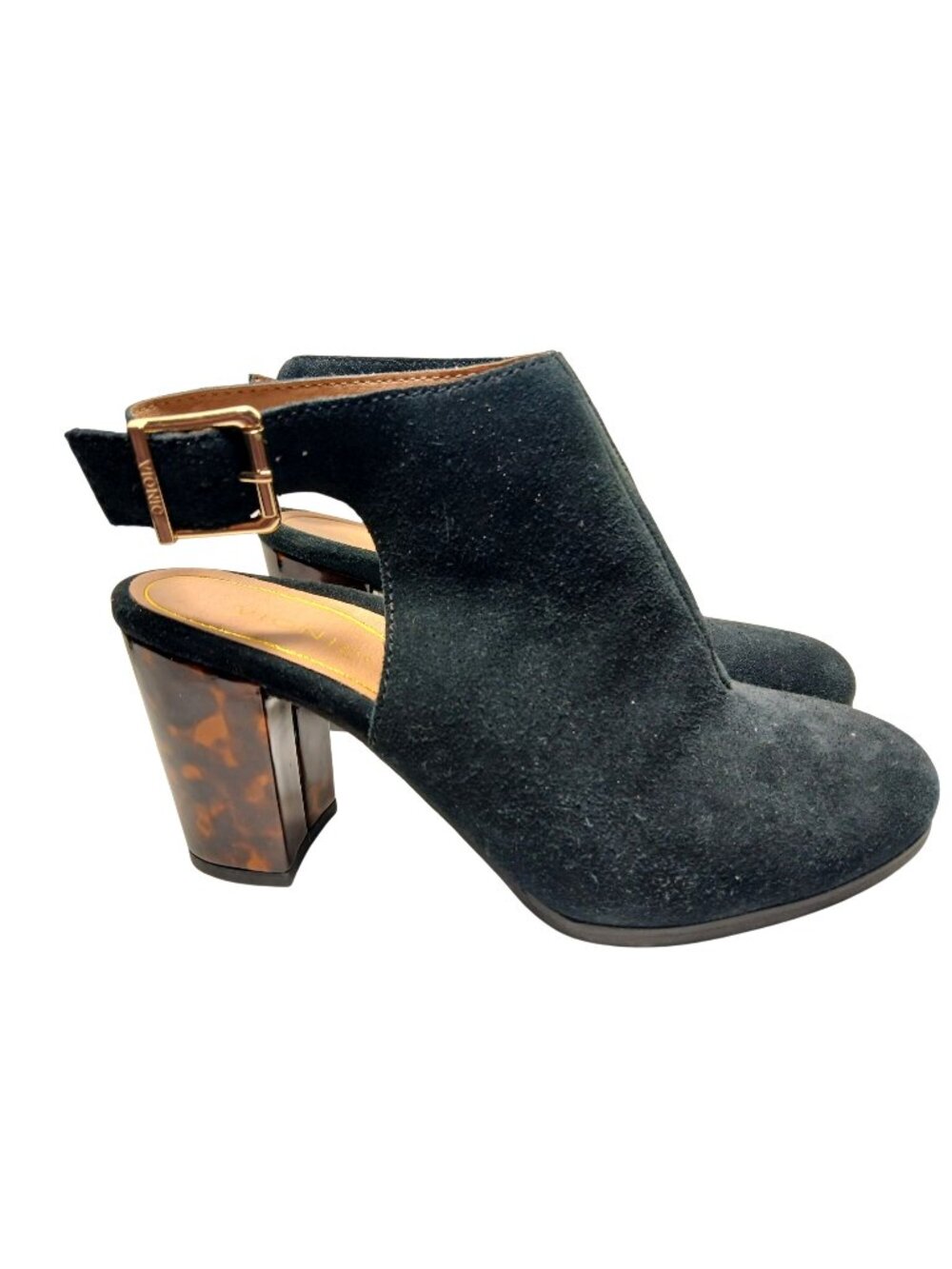 Vionic Lacey Black Suede Heels Shoes Size 7.5 Tortoise Block Heel Shooties Comfy